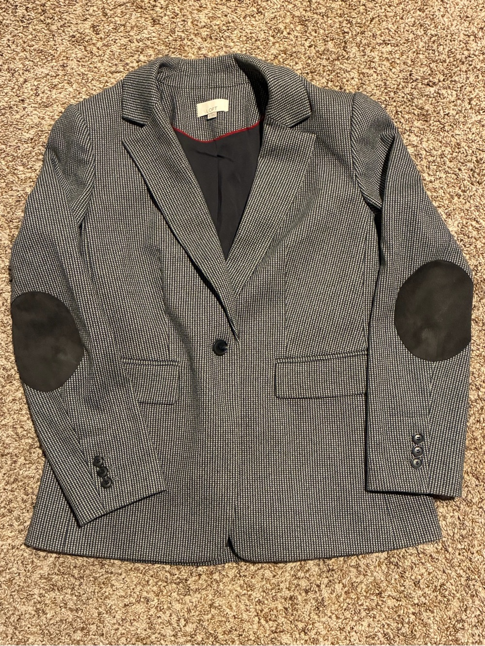 Loft Gray Houndstooth Blazer with Suede Elbow Patches Size 6